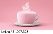 Fluffy pink cup filled with steaming drink on white saucer. Стоковое AI-изображение, AI-художник Katsiaryna Repich / Фотобанк Лори