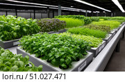 Trays of fresh herbs growing in indoor vertical farm. Стоковое AI-изображение, AI-художник Юрий Поздников / Фотобанк Лори