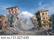 Destroyed city buildings collapsing after earthquake disaster. Стоковое AI-изображение, AI-художник Юрий Поздников / Фотобанк Лори