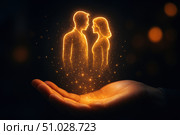 A Radiant Glow of Connection: A Hand Cradling Ethereal Silhouettes of a Couple in Love Surrounded by a Magical Aura of Sparks and Light. Стоковое AI-изображение, AI-художник Башкирова Анна / Фотобанк Лори