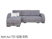 Gray corner sofa with velor fabric pillows isolated on a white background. Cushioned furniture. Стоковое фото, фотограф Лазаренко Светлана / Фотобанк Лори