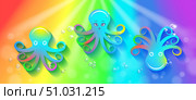 Vector set of rainbow colorful cartoon cute bright light stylistic octopuses. Collection of toon underwater funny cephalopods with tentacles. Iridescent radiant background and bubbles. Little octopus. Стоковая иллюстрация, иллюстратор GAlexS / Фотобанк Лори