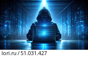 Hooded hacker in a dimly-lit digital environment symbolizing cybercrime, anonymity, data breaches, and the hidden dangers of the online world. Стоковое AI-изображение, AI-художник Igor Tichonow / Фотобанк Лори