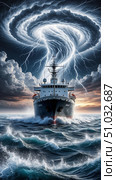 A ship is sailing through a raging ocean during a severe storm with tornadoes and lightning. Стоковое AI-изображение, AI-художник Анастасия Пальчикова / Фотобанк Лори