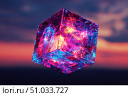 An otherworldly floating cube featuring each face adorned with unique fractal patterns in glowing neon hues ,  created by ai. Стоковое AI-изображение, AI-художник Виталий Сова / Фотобанк Лори