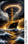A majestic ship caught in a  powerful fire tornado at sea. Стоковое AI-изображение, AI-художник Анастасия Пальчикова / Фотобанк Лори