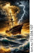 A black and gold ship sails through stormy seas, struck by lightning. Стоковое AI-изображение, AI-художник Анастасия Пальчикова / Фотобанк Лори