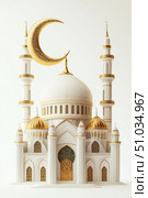 Intricate Mosque Model With Golden Crescent Moon Adorning the Dome and Tall Minarets. Стоковое AI-изображение, AI-художник Юлия Гапеенко / Фотобанк Лори