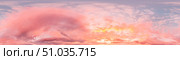 Sunset sky panorama with bright glowing pink Cirrus clouds. HDR 360 seamless spherical panorama. Full zenith or sky dome in 3D, sky replacement for aerial drone panoramas. Climate and weather change. Стоковое фото, фотограф svetograph / Фотобанк Лори