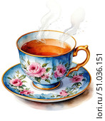 Tea cups with saucers of watercolor illustration. Vintage porcelain. Стоковое AI-изображение, AI-художник Ирина Самойлова / Фотобанк Лори