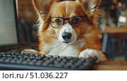 A clever-looking corgi with glasses sits at a keyboard in a café, engaged in some amusing computer activity, showcasing its playful personality. Стоковое AI-видео, аниматор Данила Большаков / Фотобанк Лори