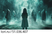 A young girl faces shadowy figures in a dark, fog-laden space, illuminated by ghostly lights, creating an unsettling atmosphere. Стоковое AI-видео, аниматор Данила Большаков / Фотобанк Лори