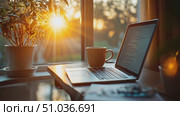 Morning light pours into the room, highlighting a tranquil workspace with a laptop, a warm cup of coffee, and a vibrant plant nearby. Стоковое AI-видео, аниматор Данила Большаков / Фотобанк Лори