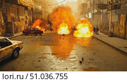 Experience a dramatic urban battle featuring explosions, gunfire, and chaos on a bustling city street during sunset. Стоковое AI-видео, аниматор Данила Большаков / Фотобанк Лори