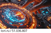 A hand interacts with a vibrant control panel filled with glowing lights and complex circuitry in a futuristic setting. Стоковое AI-видео, аниматор Данила Большаков / Фотобанк Лори