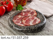 Italian Cured pork neck slices. Стоковое фото, фотограф Андрей Старостин / Фотобанк Лори