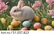 White rabbit is perched atop a stack of eggs, appearing curious and still in its position. Стоковое AI-видео, аниматор Данила Большаков / Фотобанк Лори