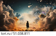 Charming woman standing in midst of sky filled with clouds, surrounded by the vast expanse of grey and white clouds. Woman gazes at ever-changing patterns above her. Стоковое AI-видео, аниматор Данила Большаков / Фотобанк Лори