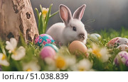 Rabbit is sitting among eggs in grass. Scene captures the rabbits interaction with eggs in its natural habitat. Стоковое AI-видео, аниматор Данила Большаков / Фотобанк Лори