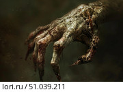 Decaying zombie hand reaching out from darkness. Стоковое AI-изображение, AI-художник Иван Рябоконь / Фотобанк Лори