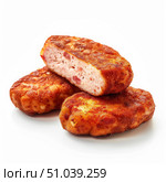 Delicious breaded chicken cutlets showing filling on white background. Стоковое AI-изображение, AI-художник Иван Рябоконь / Фотобанк Лори