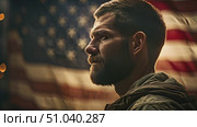 Veteran man standing proudly in front of American flag, symbolizing patriotism and national pride. Стоковое AI-видео, аниматор Данила Большаков / Фотобанк Лори