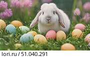 White rabbit is calmly sitting in the grass next to a cluster of eggs. The scene captures the rabbits peaceful presence alongside the eggs. Стоковое AI-видео, аниматор Данила Большаков / Фотобанк Лори