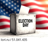 Vibrant election day box with ballot and american flag background. Стоковое AI-изображение, AI-художник Сергей Бирюков / Фотобанк Лори