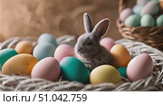 A small rabbit is seen sitting in a basket filled with eggs, showcasing a cute and unique sight. Стоковое AI-видео, аниматор Данила Большаков / Фотобанк Лори
