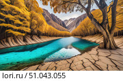 Surreal turquoise river winding through golden autumn forest in a canyon, evoking fantasy travel dreams and untouched natural beauty. Стоковое AI-изображение, AI-художник Igor Tichonow / Фотобанк Лори