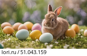 A rabbit seen amidst a circle of eggs on the grassy ground. Стоковое AI-видео, аниматор Данила Большаков / Фотобанк Лори