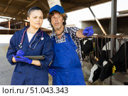 Man and Asian woman farmer with tablet talking at cowshed. Стоковое фото, фотограф Яков Филимонов / Фотобанк Лори