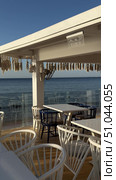 Concept of travel, seascape and nature tropical beach with palm tree and two sun loungers wooden sun loungers on the sea Welcoming beach cafe with straw parasols.Breezy summer day under straw sun umbrellas and beachfront view on Azure restaurant with straw umbrellas. Стоковое видео, видеограф Zita Khasanova / Фотобанк Лори