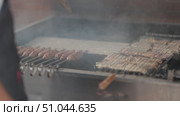Grilling traditional kebabs on outdoor barbecue grill. Стоковое видео, видеограф Константин Шишкин / Фотобанк Лори