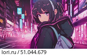 Anime girl walks through the bustling city streets at night, surrounded by colorful lights and busy crowds, creating a vibrant urban atmosphere. Стоковое AI-видео, аниматор Данила Большаков / Фотобанк Лори