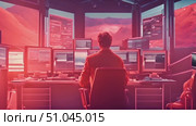 A man is seated at a desk with several computer monitors in front of him, working or multitasking on various screens. Стоковое AI-видео, аниматор Данила Большаков / Фотобанк Лори