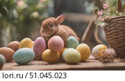 Small rabbit is sitting still in front of a basket filled with eggs in this scene. Стоковое AI-видео, аниматор Данила Большаков / Фотобанк Лори