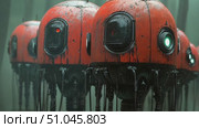 A cluster of orange robots navigates through a foggy forest, showcasing their unique design and technological features in a captivating environment. Стоковое AI-видео, аниматор Данила Большаков / Фотобанк Лори