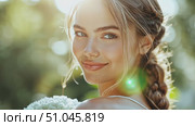 A young woman enjoys a sunlit moment in a garden, showcasing her bright smile while holding a lovely bouquet of flowers. Стоковое AI-видео, аниматор Данила Большаков / Фотобанк Лори