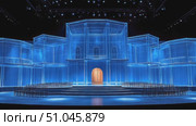 This striking stage design features blue lighting and intricate architectural details, creating an engaging ambiance for performances and presentations. Стоковое AI-видео, аниматор Данила Большаков / Фотобанк Лори