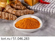 Indian tumeric cumin dry powder. Стоковое фото, фотограф Андрей Старостин / Фотобанк Лори