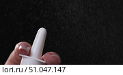 Closeup Person Holds in Hand Aerosol Bottle with Pharmaceutical Preparation, Spraying Medicine from Cold, Virus, Flu, Runny Nose. Medical and Healthcare Concept. Nasal Spray, Vasoconstrictor Addictive. Стоковое видео, видеограф Руслан Хисматов / Фотобанк Лори