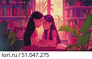 Two sad women are seated at a wooden table, engaged in reading and discussion surrounding a book placed in front of them. Стоковое AI-видео, аниматор Данила Большаков / Фотобанк Лори