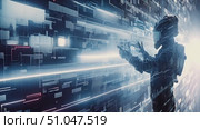 Person in advanced virtual reality equipment interacts with a holographic interface displaying digital data. Стоковое AI-видео, аниматор Данила Большаков / Фотобанк Лори