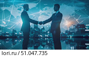 Two men are shaking hands in front of a detailed world map, symbolizing international agreement or partnership. Стоковое AI-видео, аниматор Данила Большаков / Фотобанк Лори