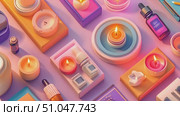 A vibrant collection of candles, essential oils, and aromatherapy items arranged neatly on a tabletop. Стоковое AI-видео, аниматор Данила Большаков / Фотобанк Лори