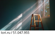 Light streams through window illuminating ladder in a quiet room as morning begins. Стоковое AI-видео, аниматор Сергей Толмачёв / Фотобанк Лори