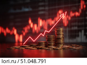 Money coin stack growing graph investment. Finance save. Success, growth wealth stock market. Business in the digital age. Trading chart in financial concepts. Prosperity. Cryptocurrency. Technology. Стоковое AI-изображение, AI-художник Марина Демидюк / Фотобанк Лори