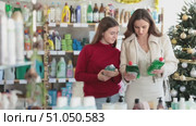 Friendly family, smiling mother and teenage daughter, comparing dishwashing detergents in household store decorated with Christmas tree and shiny tinsel, reviewing labels to choose suitable product. Стоковое видео, видеограф Яков Филимонов / Фотобанк Лори