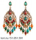 Multicolored Gemstone And Gold Drop Earrings On White Background. Generative AI. Стоковое AI-изображение, AI-художник Roman Zavorotny / Фотобанк Лори